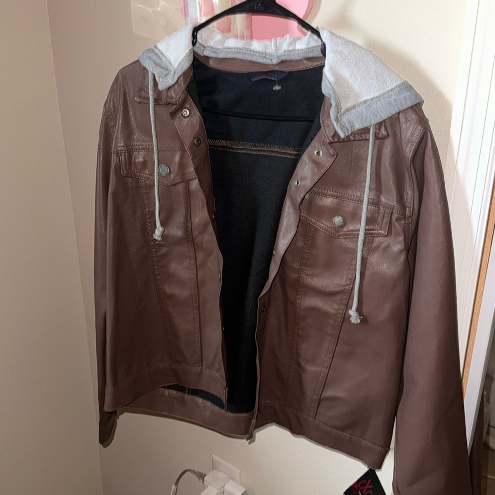 Brown jacket with grey hoodie (removable)